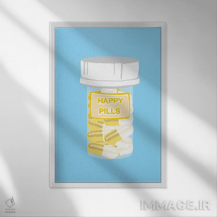 تابلو دکوراتیو بطری قرص خوشحالی آبی اثر جیمی متز - نمای قابدار سفید