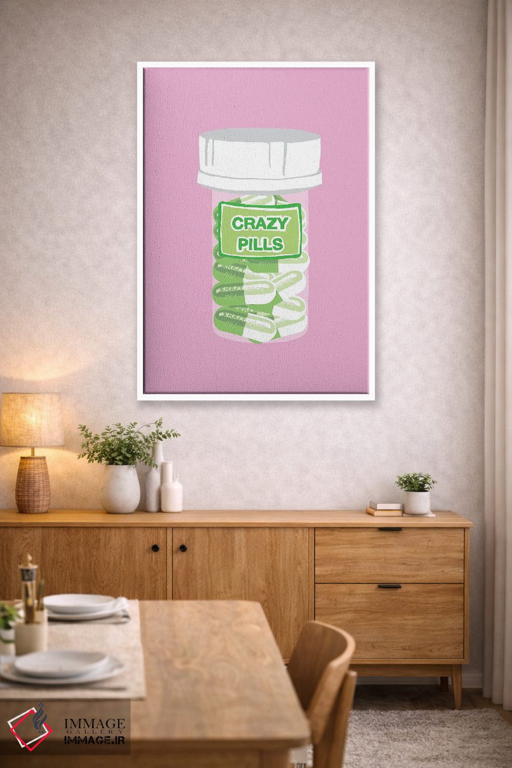 تابلو دکوراتیو بطری قرص دیوانگی صورتی اثر جیمی متز - D4W