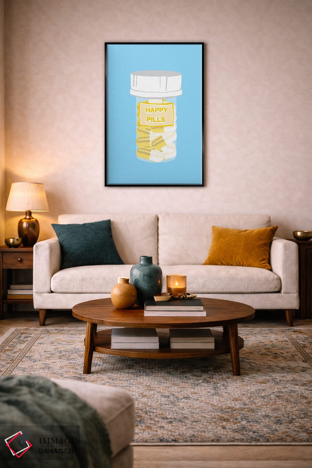 تابلو دکوراتیو بطری قرص خوشحالی آبی اثر جیمی متز - D4B