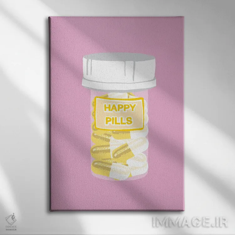 تابلو دکوراتیو بطری قرص خوشحالی صورتی اثر جیمی متز - نمای روبهرو روی دیوار