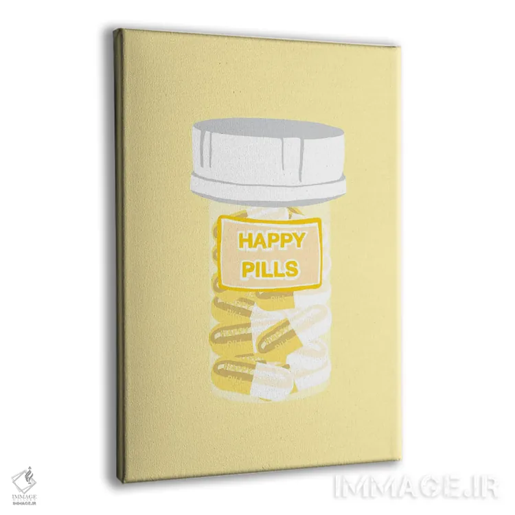 تابلو دکوراتیو بطری قرص خوشحالی زرد اثر جیمی متز - نمای پرسپکتیو محصول