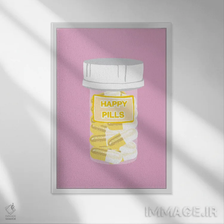 تابلو دکوراتیو بطری قرص خوشحالی صورتی اثر جیمی متز - نمای قابدار سفید