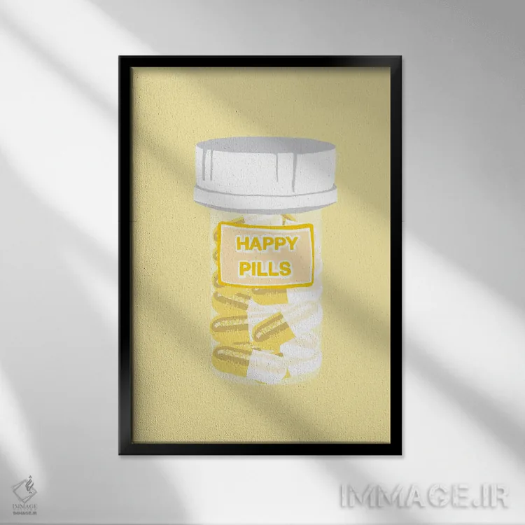 تابلو دکوراتیو بطری قرص خوشحالی زرد اثر جیمی متز - نمای قابدار مشکی