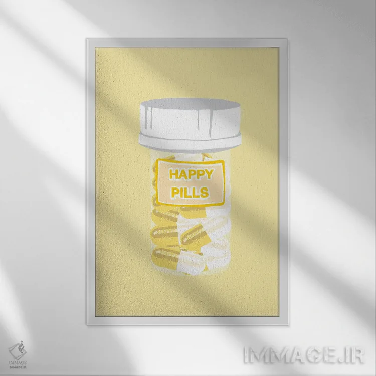 تابلو دکوراتیو بطری قرص خوشحالی زرد اثر جیمی متز - نمای قابدار سفید
