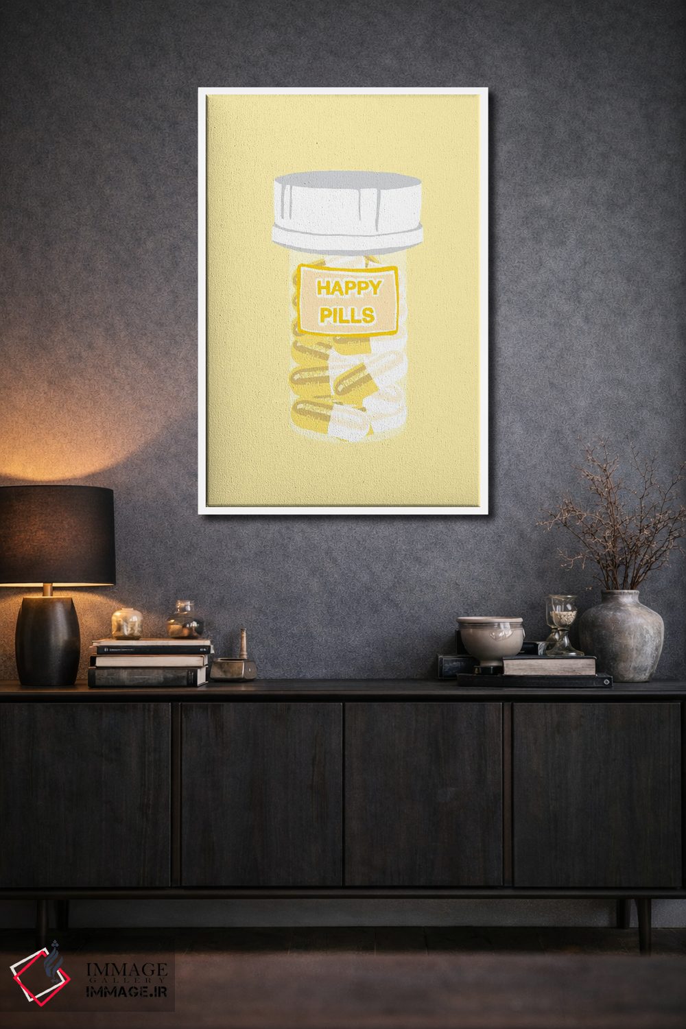 تابلو دکوراتیو بطری قرص خوشحالی زرد اثر جیمی متز - D1W