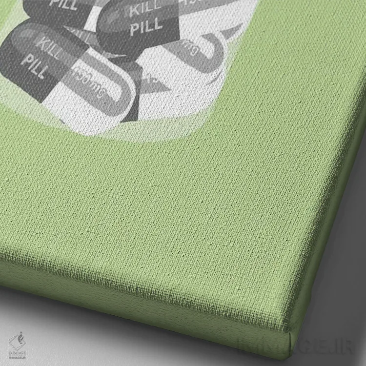 تابلو دکوراتیو بطری قرص مرگ سبز نعناعی اثر جیمی متز - نمای نزدیک بافت بوم