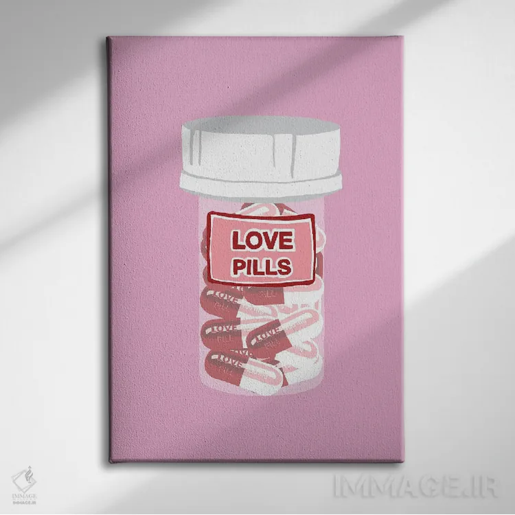 تابلو دکوراتیو بطری قرص عشق صورتی اثر جیمی متز - نمای روبهرو روی دیوار