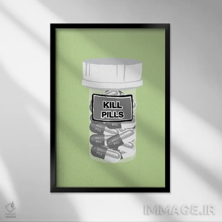 تابلو دکوراتیو بطری قرص مرگ سبز نعناعی اثر جیمی متز - نمای قابدار مشکی