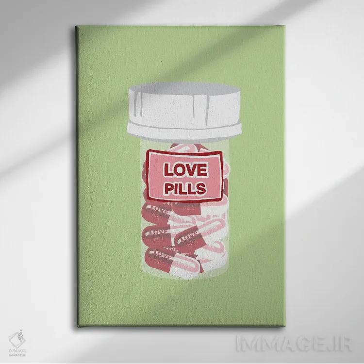 تابلو دکوراتیو بطری قرص عشق سبز نعناعی اثر جیمی متز - نمای روبهرو روی دیوار