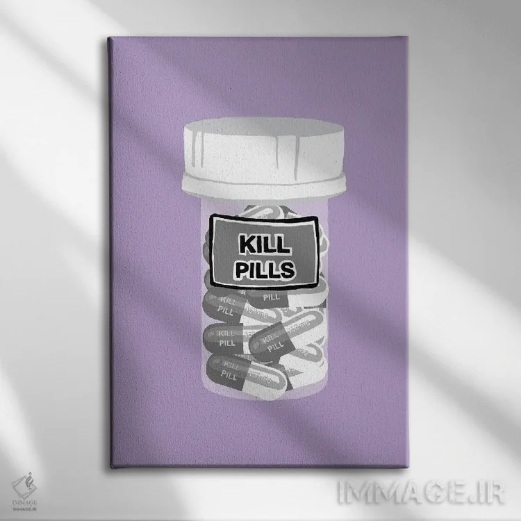 تابلو دکوراتیو بطری قرص مرگ بنفش کمرنگ اثر جیمی متز - نمای روبهرو روی دیوار