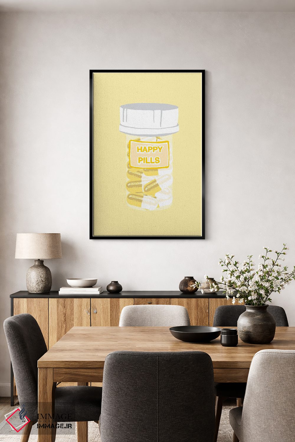 تابلو دکوراتیو بطری قرص خوشحالی زرد اثر جیمی متز - D4B