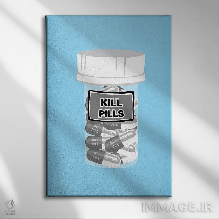 تابلو دکوراتیو بطری قرص مرگ آبی اثر جیمی متز - نمای روبهرو روی دیوار
