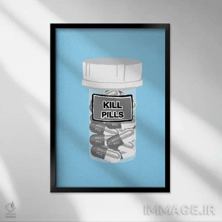 تابلو دکوراتیو بطری قرص مرگ آبی اثر جیمی متز - نمای قابدار مشکی