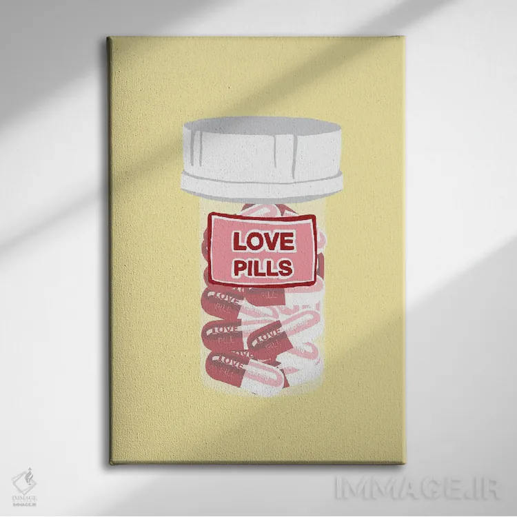 تابلو دکوراتیو بطری قرص عشق زرد اثر جیمی متز - نمای روبهرو روی دیوار
