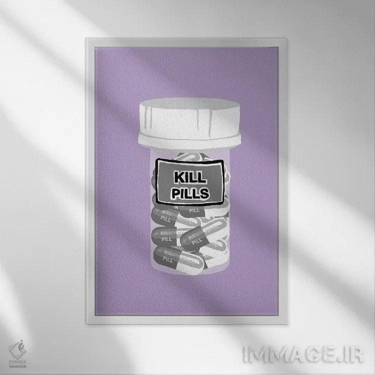 تابلو دکوراتیو بطری قرص مرگ بنفش کمرنگ اثر جیمی متز - نمای قابدار سفید