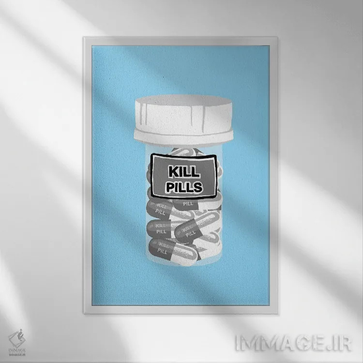 تابلو دکوراتیو بطری قرص مرگ آبی اثر جیمی متز - نمای قابدار سفید