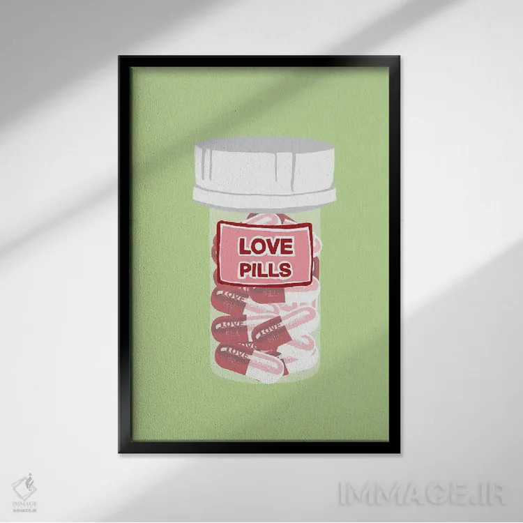 تابلو دکوراتیو بطری قرص عشق سبز نعناعی اثر جیمی متز - نمای قابدار مشکی