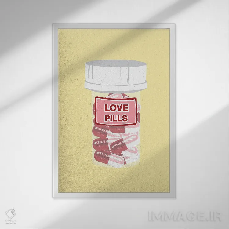 تابلو دکوراتیو بطری قرص عشق زرد اثر جیمی متز - نمای قابدار سفید