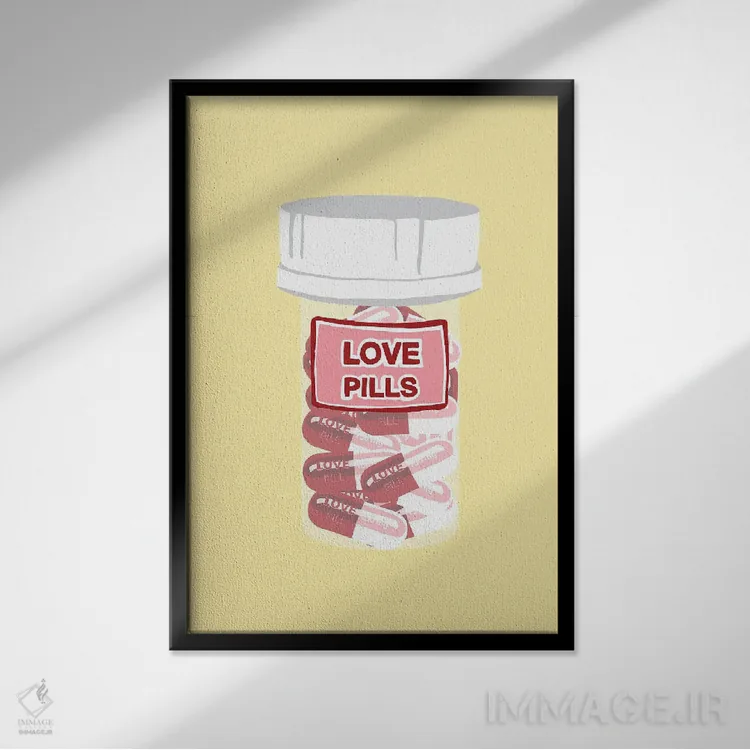 تابلو دکوراتیو بطری قرص عشق زرد اثر جیمی متز - نمای قابدار مشکی