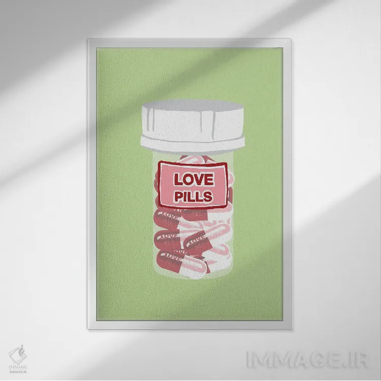 تابلو دکوراتیو بطری قرص عشق سبز نعناعی اثر جیمی متز - نمای قابدار سفید