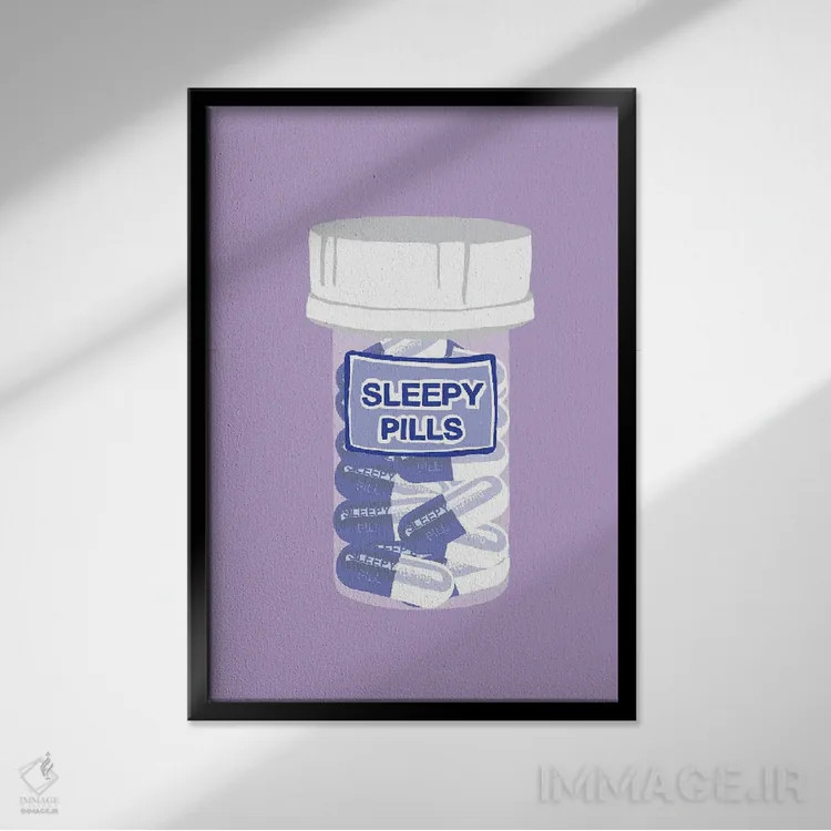 تابلو دکوراتیو بطری قرص خواب آور بنفش کمرنگ اثر جیمی متز - نمای قابدار مشکی