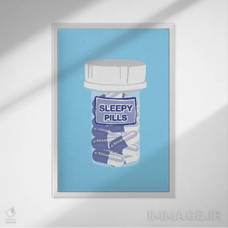 تابلو دکوراتیو بطری قرص خواب آور آبی اثر جیمی متز - نمای قابدار سفید