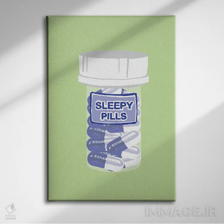 تابلو دکوراتیو بطری قرص خواب آور سبز نعناعی اثر جیمی متز - نمای روبهرو روی دیوار