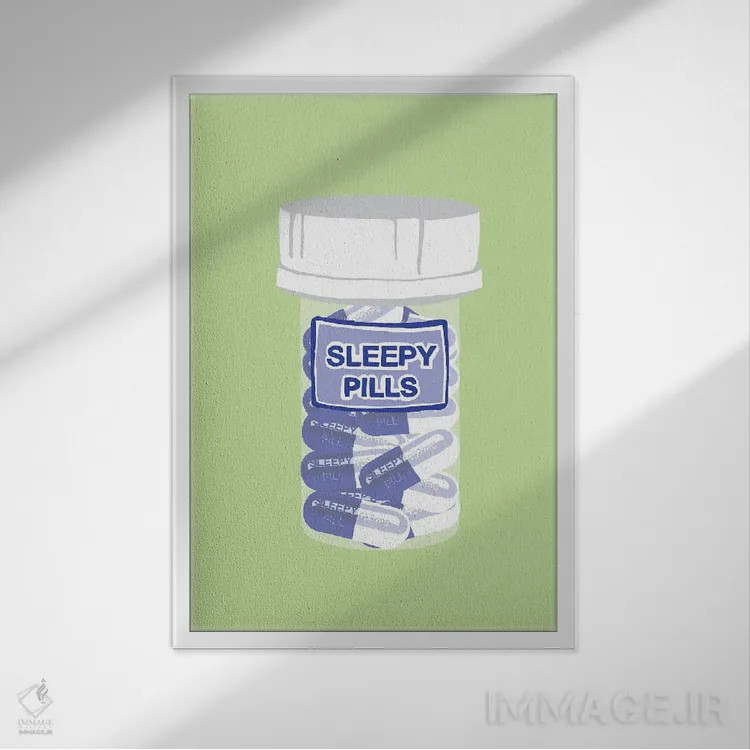 تابلو دکوراتیو بطری قرص خواب آور سبز نعناعی اثر جیمی متز - نمای قابدار سفید