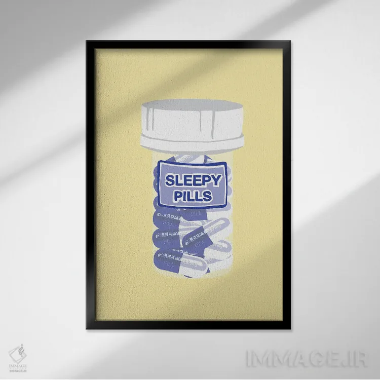 تابلو دکوراتیو بطری قرص خواب آور زرد اثر جیمی متز - نمای قابدار مشکی