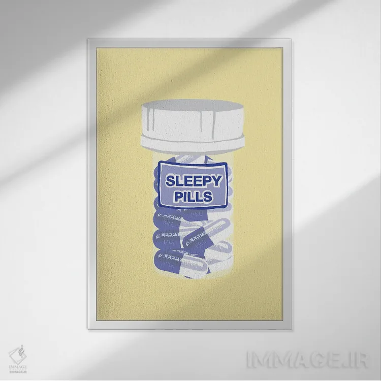 تابلو دکوراتیو بطری قرص خواب آور زرد اثر جیمی متز - نمای قابدار سفید