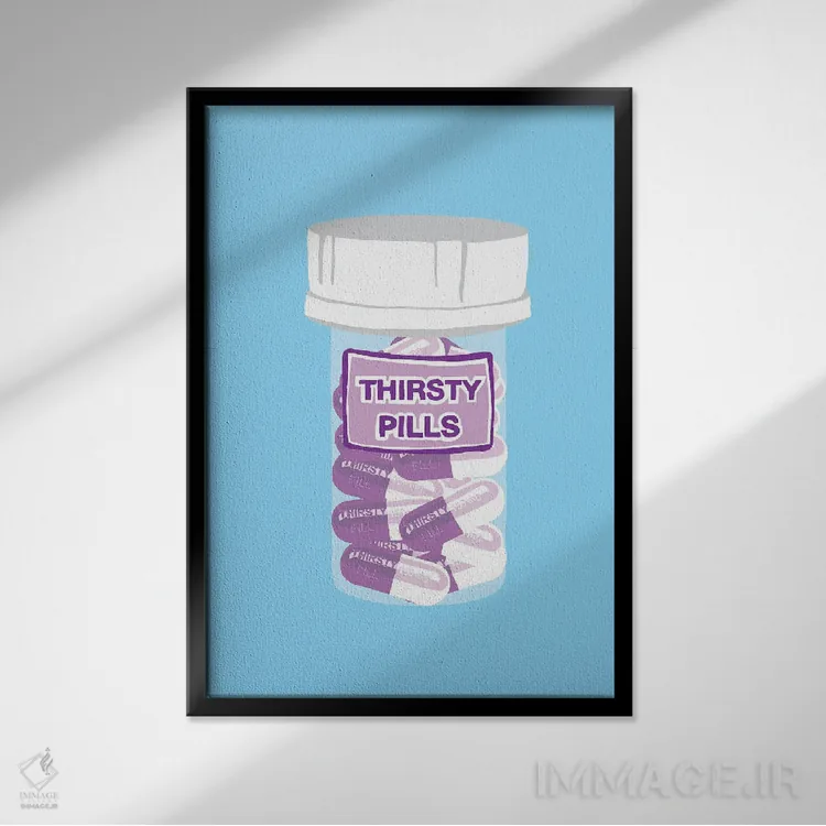 تابلو دکوراتیو بطری قرص تشنگی آبی اثر جیمی متز - نمای قابدار مشکی