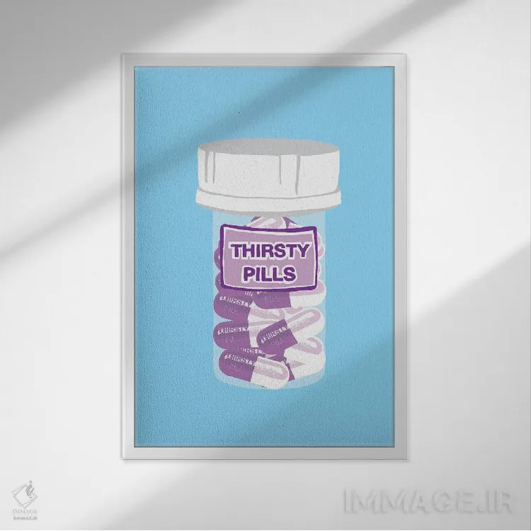 تابلو دکوراتیو بطری قرص تشنگی آبی اثر جیمی متز - نمای قابدار سفید