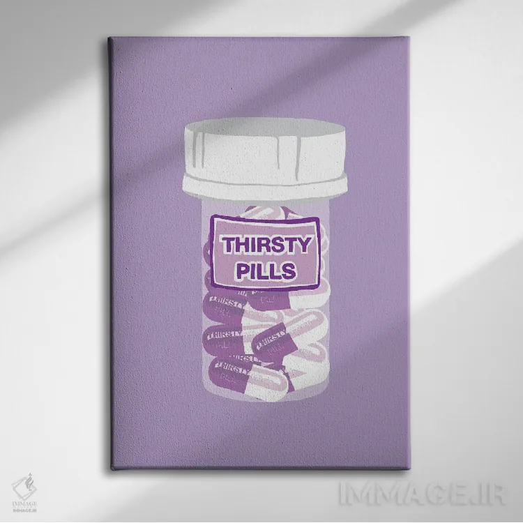 تابلو دکوراتیو بطری قرص تشنگی بنفش کمرنگ اثر جیمی متز - نمای روبهرو روی دیوار