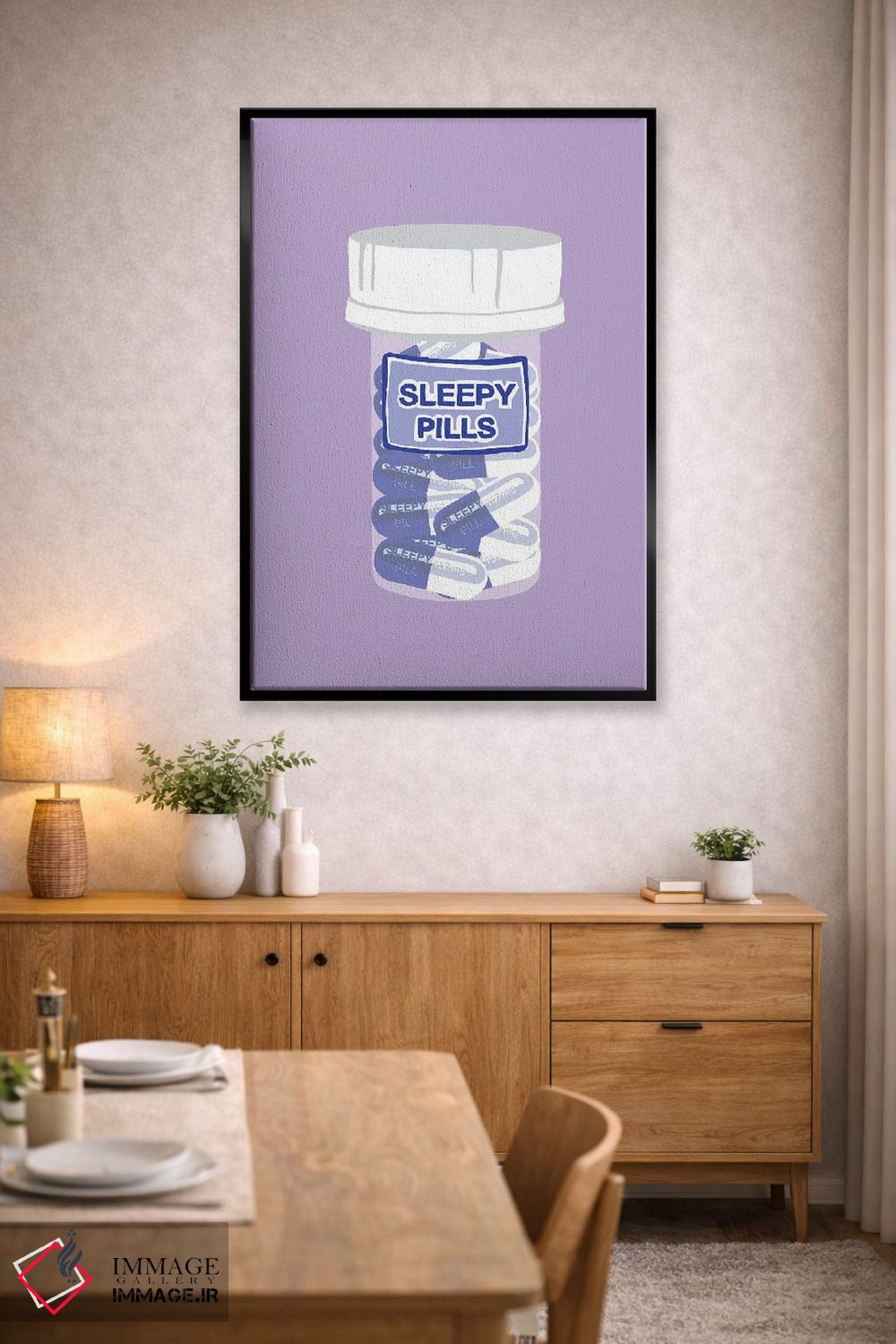 تابلو دکوراتیو بطری قرص خواب آور بنفش کمرنگ اثر جیمی متز - D5B