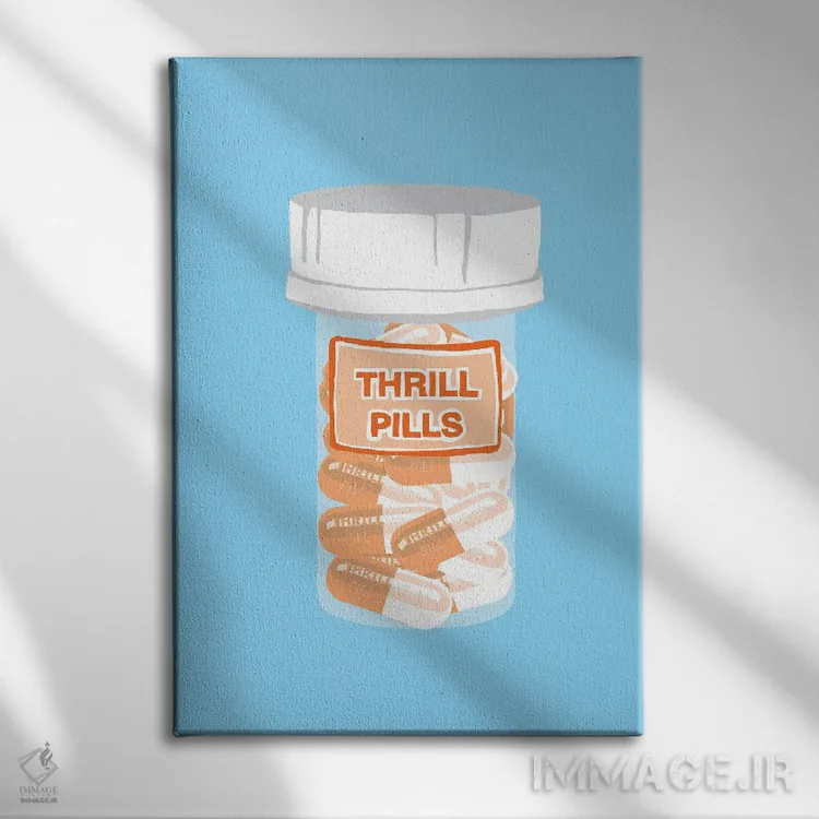 تابلو دکوراتیو بطری قرص هیجان آبی اثر جیمی متز - نمای روبهرو روی دیوار
