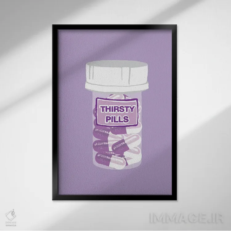تابلو دکوراتیو بطری قرص تشنگی بنفش کمرنگ اثر جیمی متز - نمای قابدار مشکی