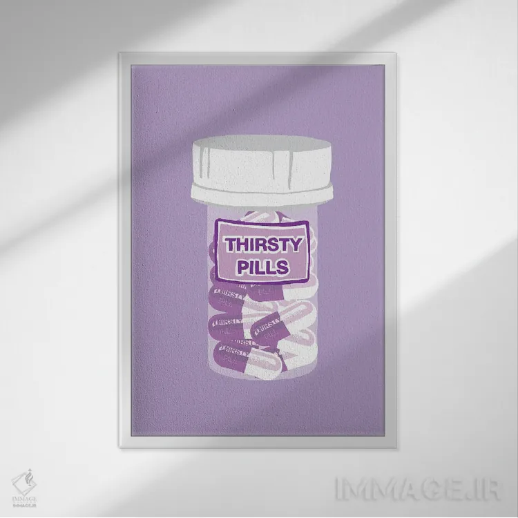 تابلو دکوراتیو بطری قرص تشنگی بنفش کمرنگ اثر جیمی متز - نمای قابدار سفید