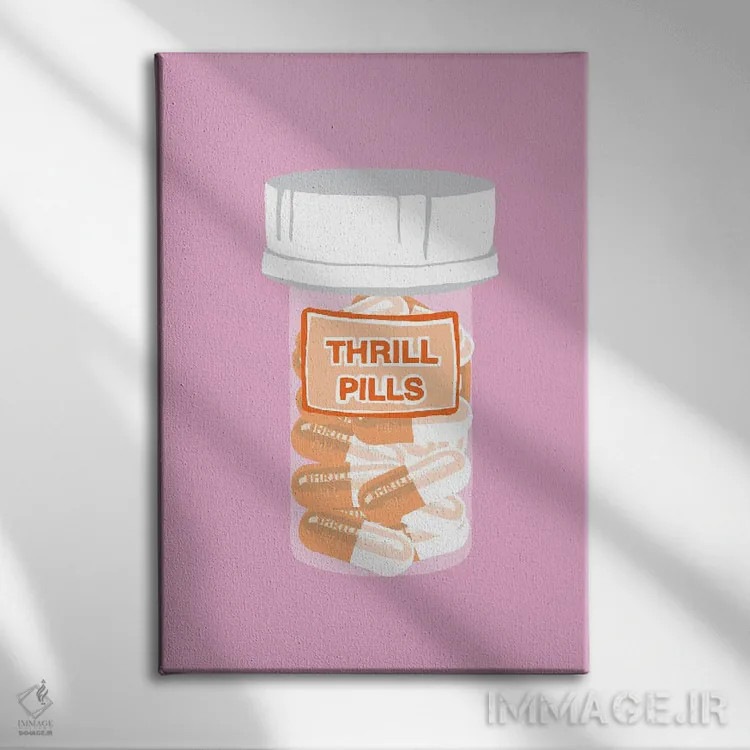 تابلو دکوراتیو بطری قرص هیجان صورتی اثر جیمی متز - نمای روبهرو روی دیوار