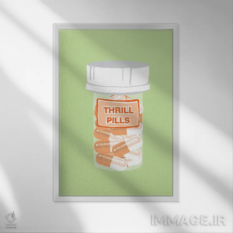 تابلو دکوراتیو بطری قرص هیجان نعناعی اثر جیمی متز - نمای قابدار سفید