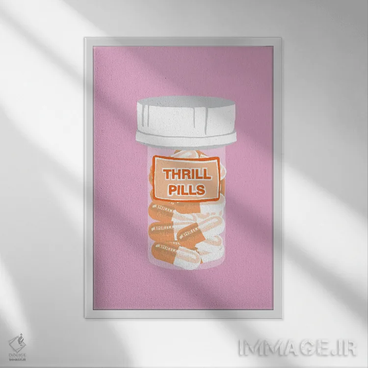 تابلو دکوراتیو بطری قرص هیجان صورتی اثر جیمی متز - نمای قابدار سفید