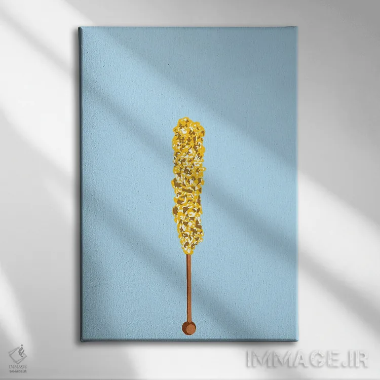 تابلو مینیمال آبنبات صخره ای زرد و آبی اثر جیمی متز - نمای روبهرو روی دیوار