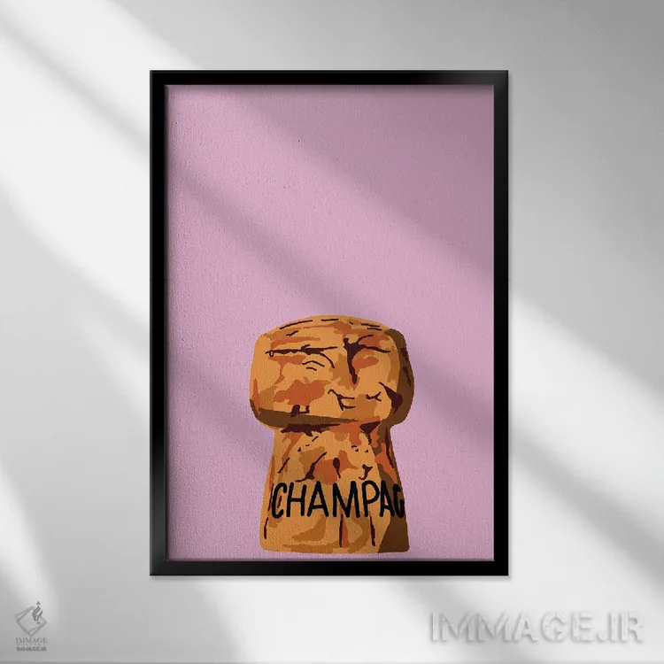 تابلو مینیمال چوب پنبه شامپاین صورتی اثر جیمی متز - نمای قابدار مشکی