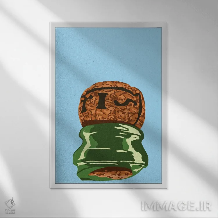 تابلو مینیمال چوب پنبه شامپاین با باز کردن سابرژ اثر جیمی متز - نمای قابدار سفید