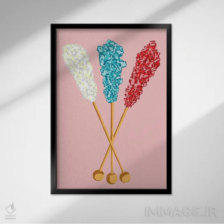 تابلو مینیمال آبنبات صخره ای سفید و سبزآبی و قرمز و صورتی اثر جیمی متز - نمای قابدار مشکی