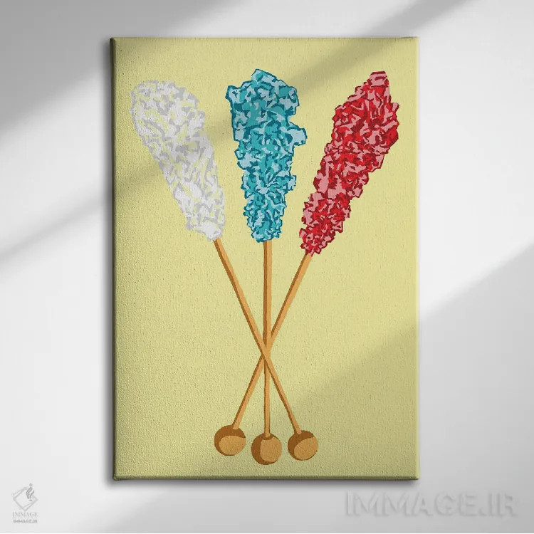 تابلو مینیمال آبنبات صخره ای سفید و سبزآبی و قرمز و زرد اثر جیمی متز - نمای روبهرو روی دیوار