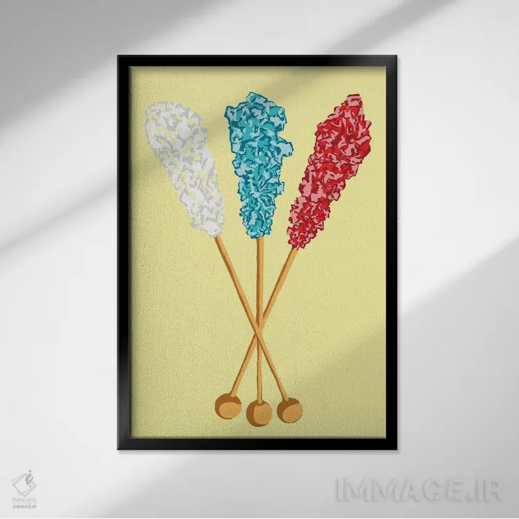 تابلو مینیمال آبنبات صخره ای سفید و سبزآبی و قرمز و زرد اثر جیمی متز - نمای قابدار مشکی