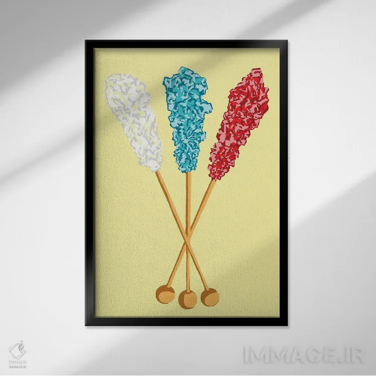 تابلو مینیمال آبنبات صخره ای سفید و سبزآبی و قرمز و زرد اثر جیمی متز - نمای قابدار مشکی