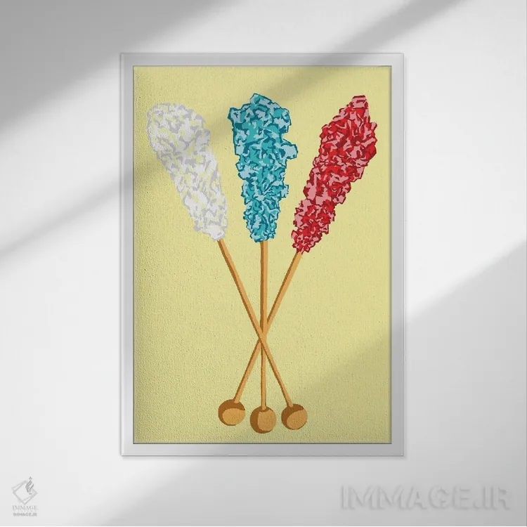 تابلو مینیمال آبنبات صخره ای سفید و سبزآبی و قرمز و زرد اثر جیمی متز - نمای قابدار سفید