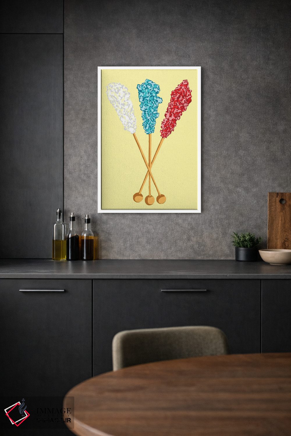 تابلو مینیمال آبنبات صخره ای سفید و سبزآبی و قرمز و زرد اثر جیمی متز - D1W