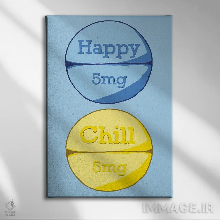 تابلو دکوراتیو قرص آرام بخش شاد آبی اثر جیمی متز - نمای روبهرو روی دیوار